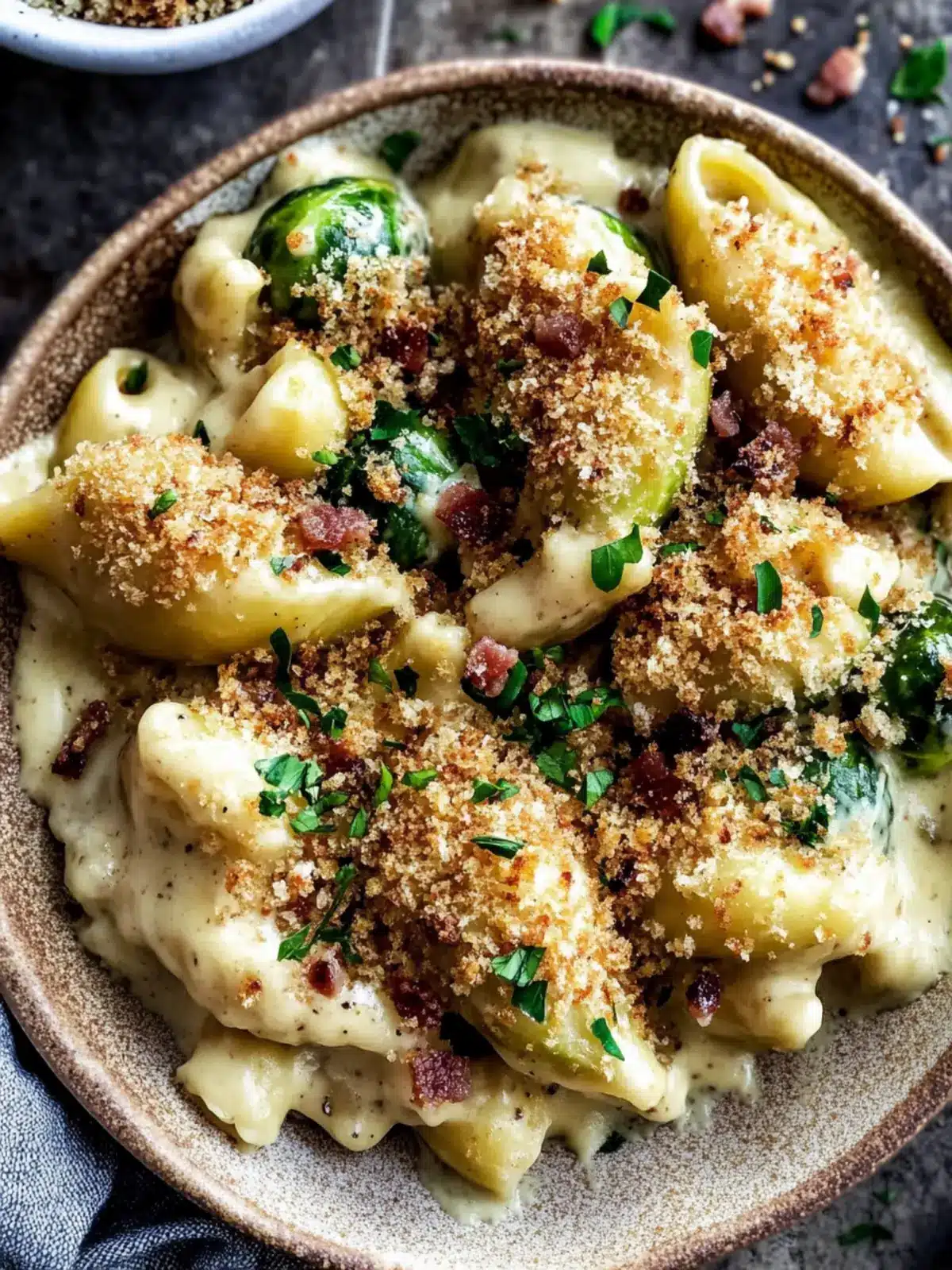 Mac and Cheese with Brussels Sprouts & Bacon Breadcrumbs