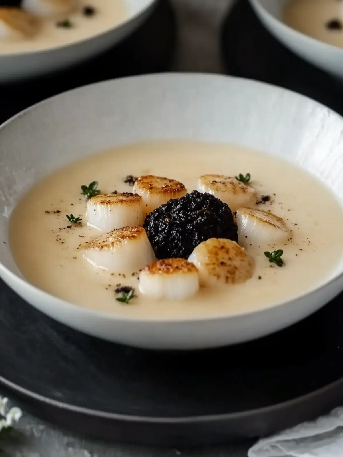 Celeriac soup with scallops & black pudding