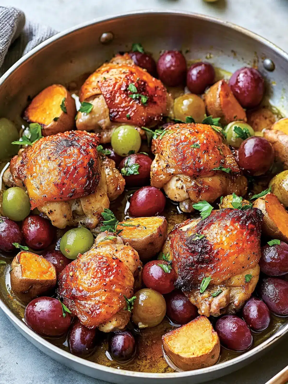 Pan-Roasted Chicken Thighs with California Grapes and Sweet Potatoes