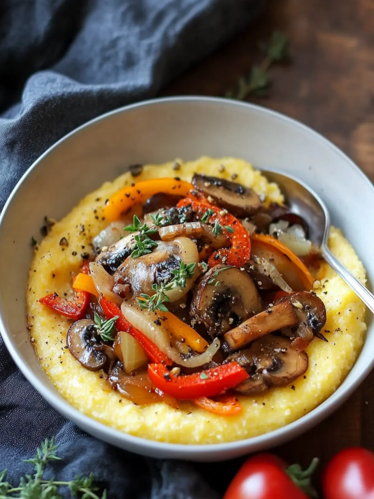 Creamy Polenta with Caramelized Onions, Peppers, and Mushrooms