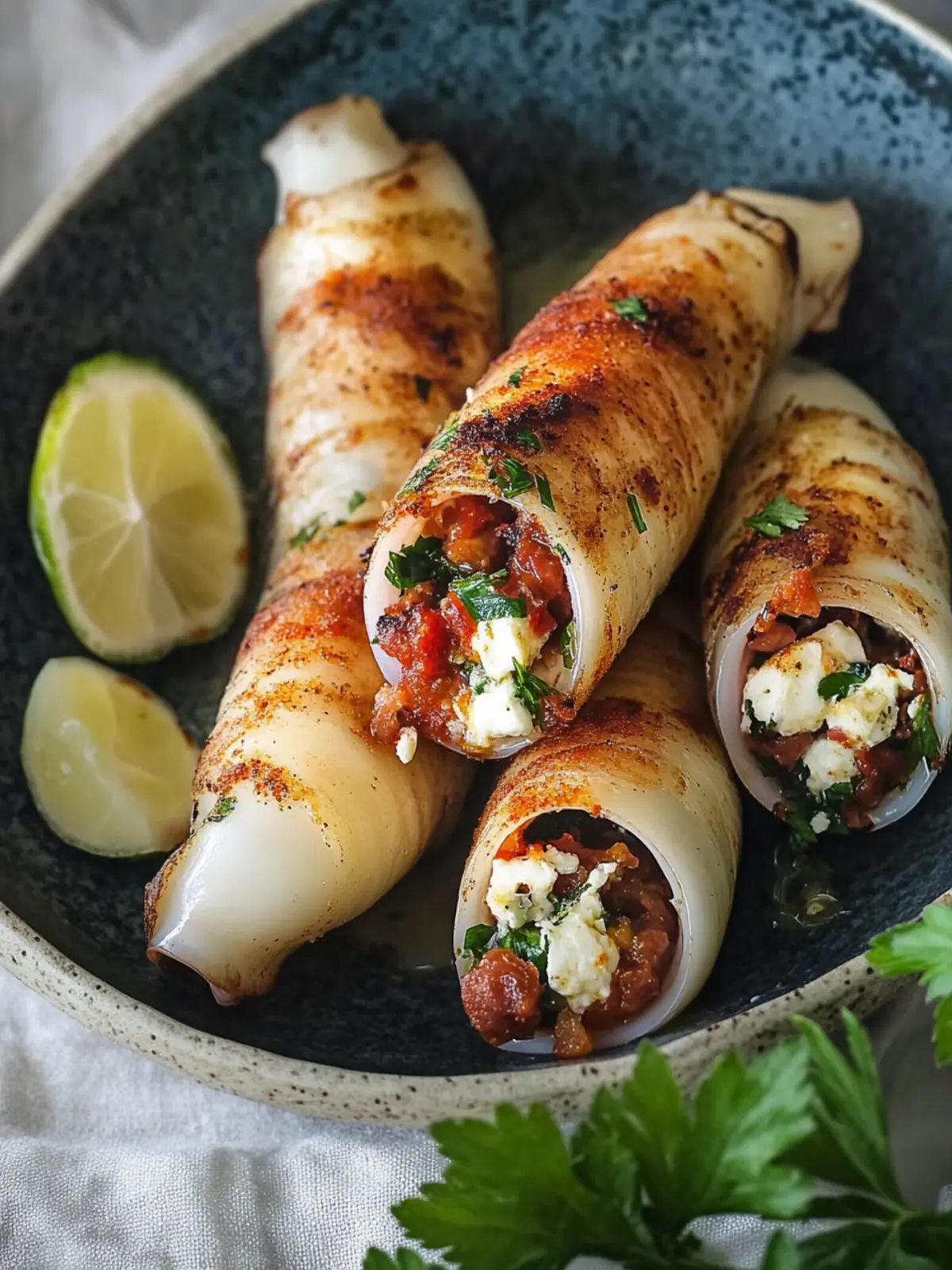 Squid stuffed with feta, parsley and chorizo