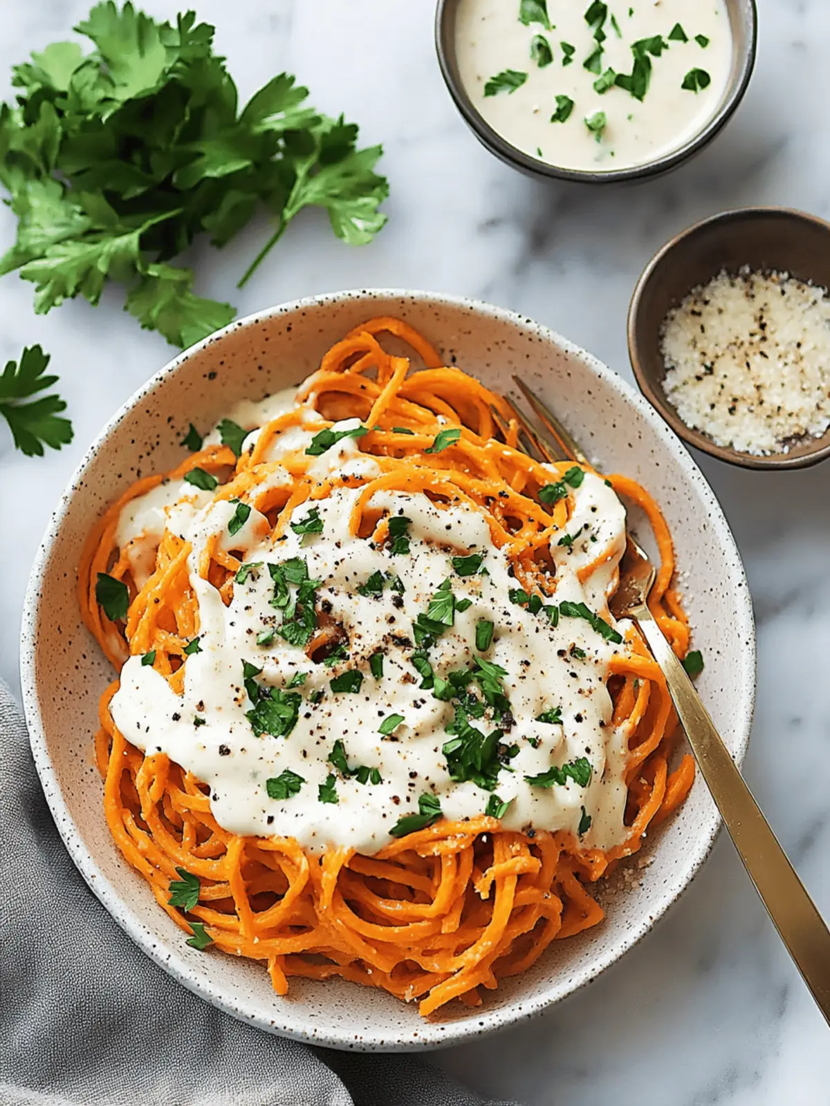 Sweet Potato Noodles with Vegan Alfredo Sauce