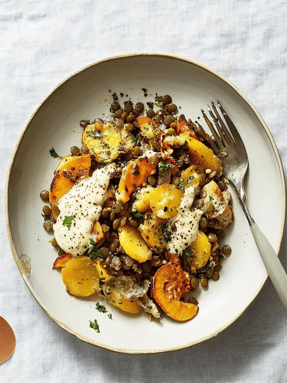 Fall Roasted Vegetable and Lentil Salad with Pine Nut Cream