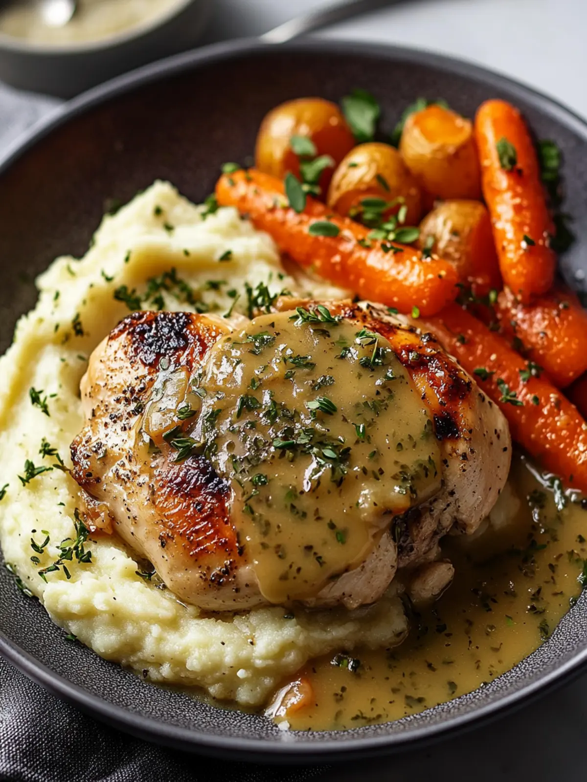 Creamy Herb Chicken with Mashed Potatoes & Glazed Carrots