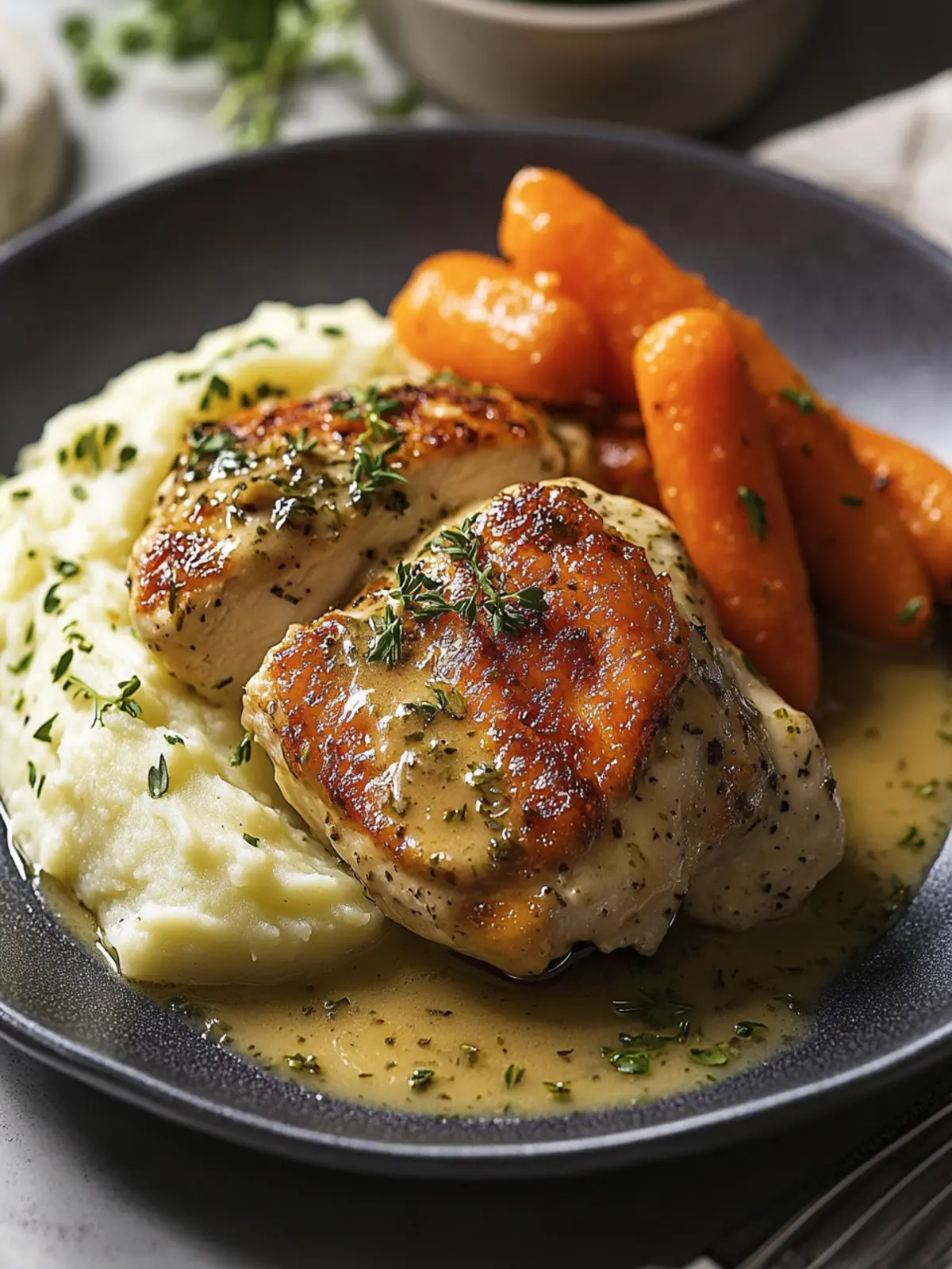 Creamy Herb Chicken with Mashed Potatoes & Glazed Carrots