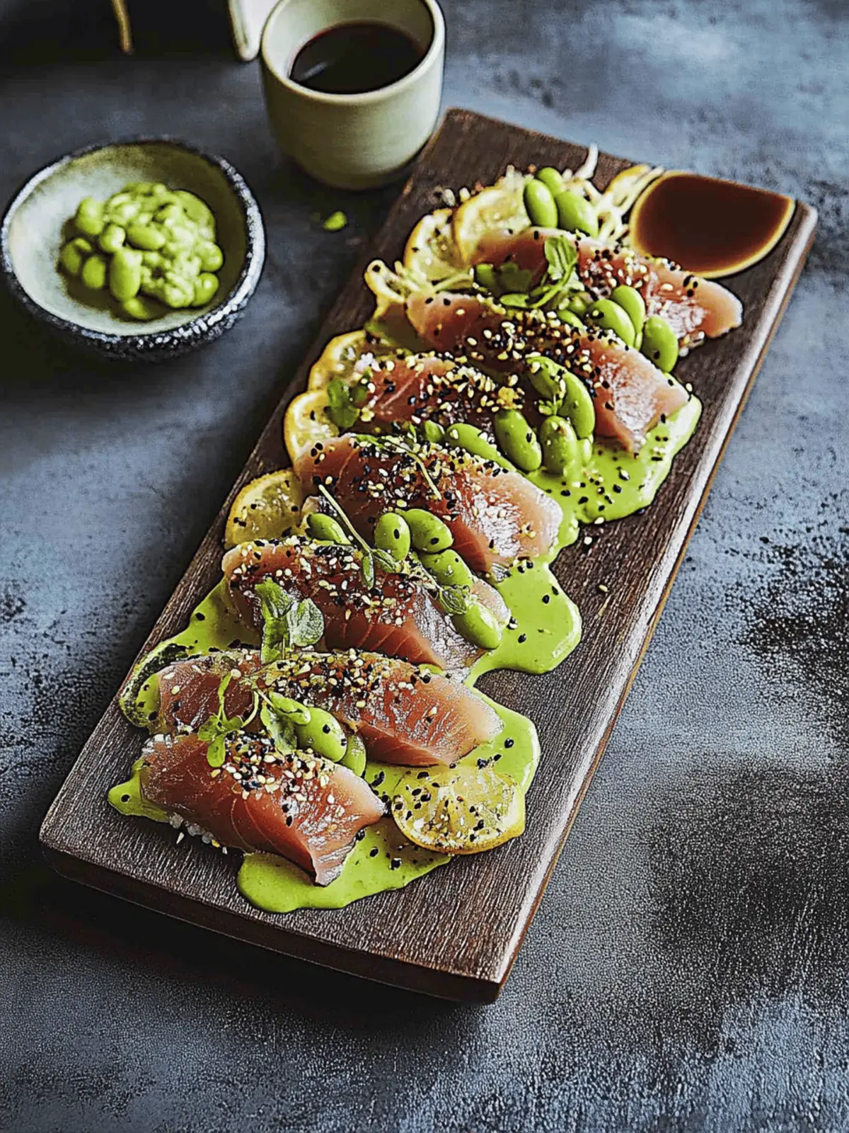 Sesame tuna tataki with wasabi and edamame