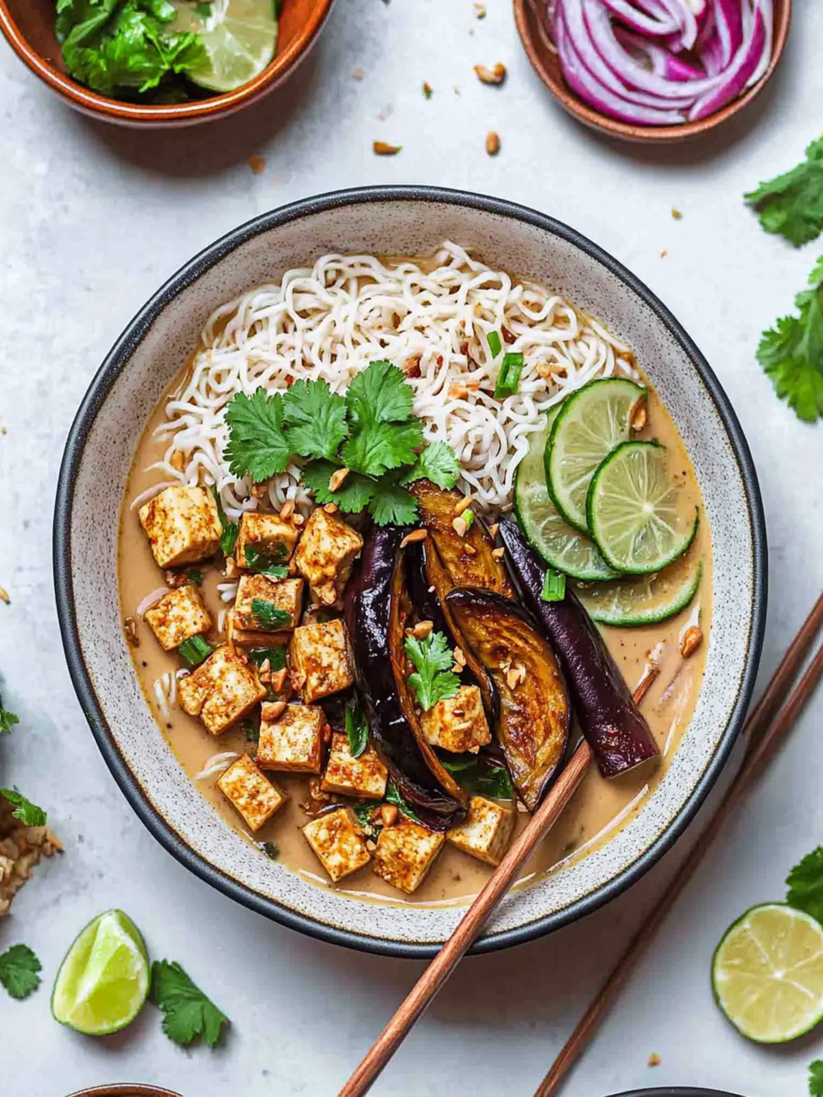 Tofu and Aubergine Peanut Ramen Noodles (Vegan Gluten-Free)